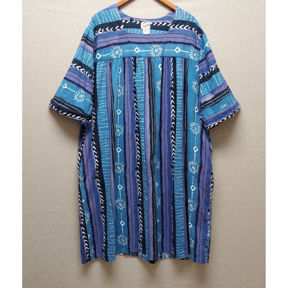 Women Plus 3X Boho Dress Tribal Print MuMu Blue Cotton Resort Lagenlook Pockets